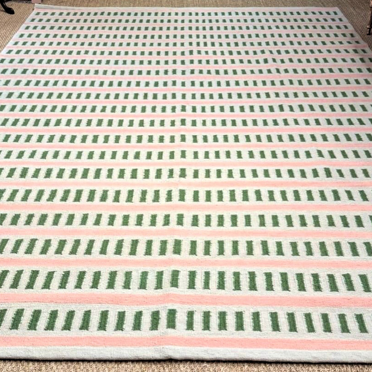 Pink Green Beige Handwoven Wool Rug