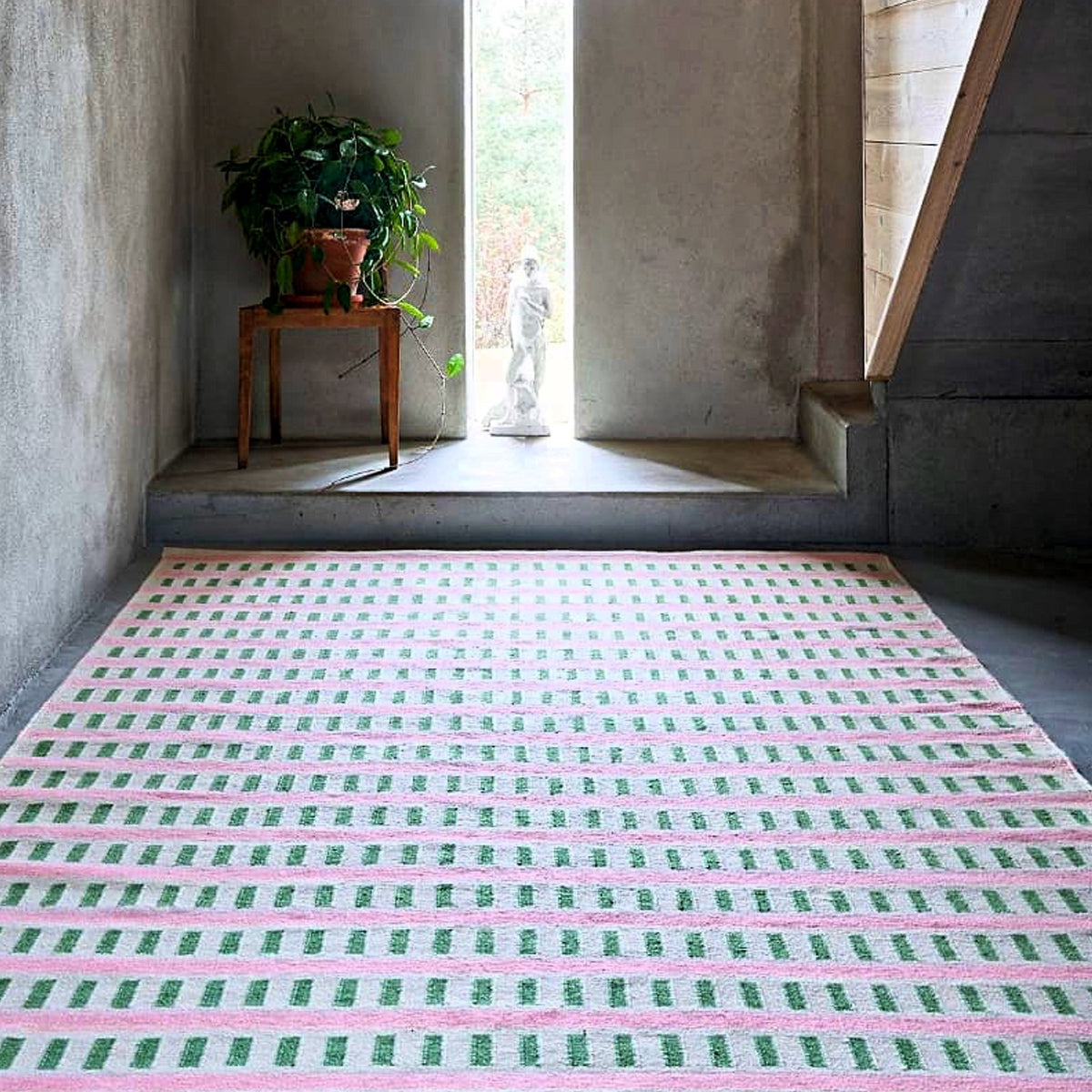 Pink Green Beige Handwoven Wool Rug
