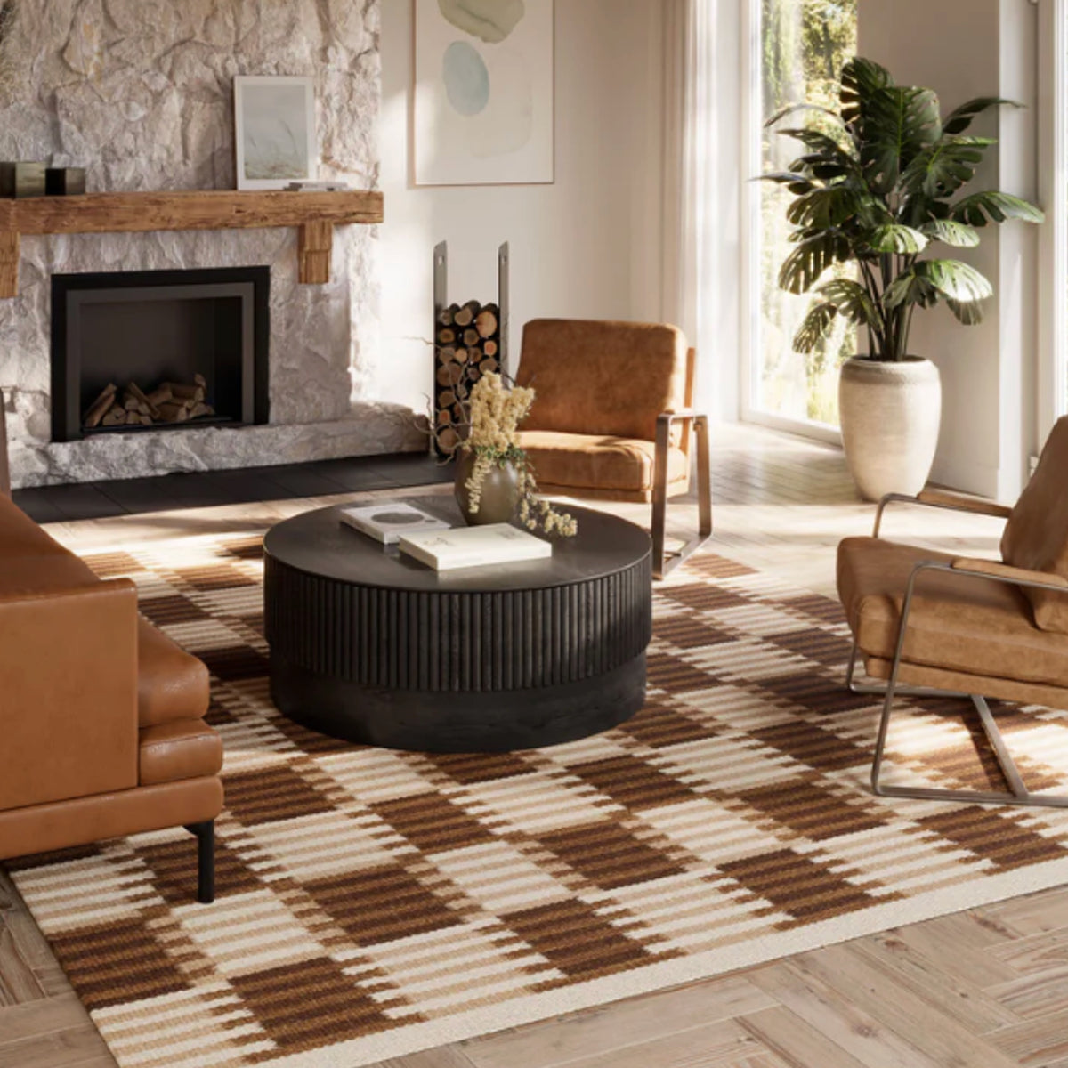Tapis moderne géométrique pour salon, design scandinave, olive, rouille et rose