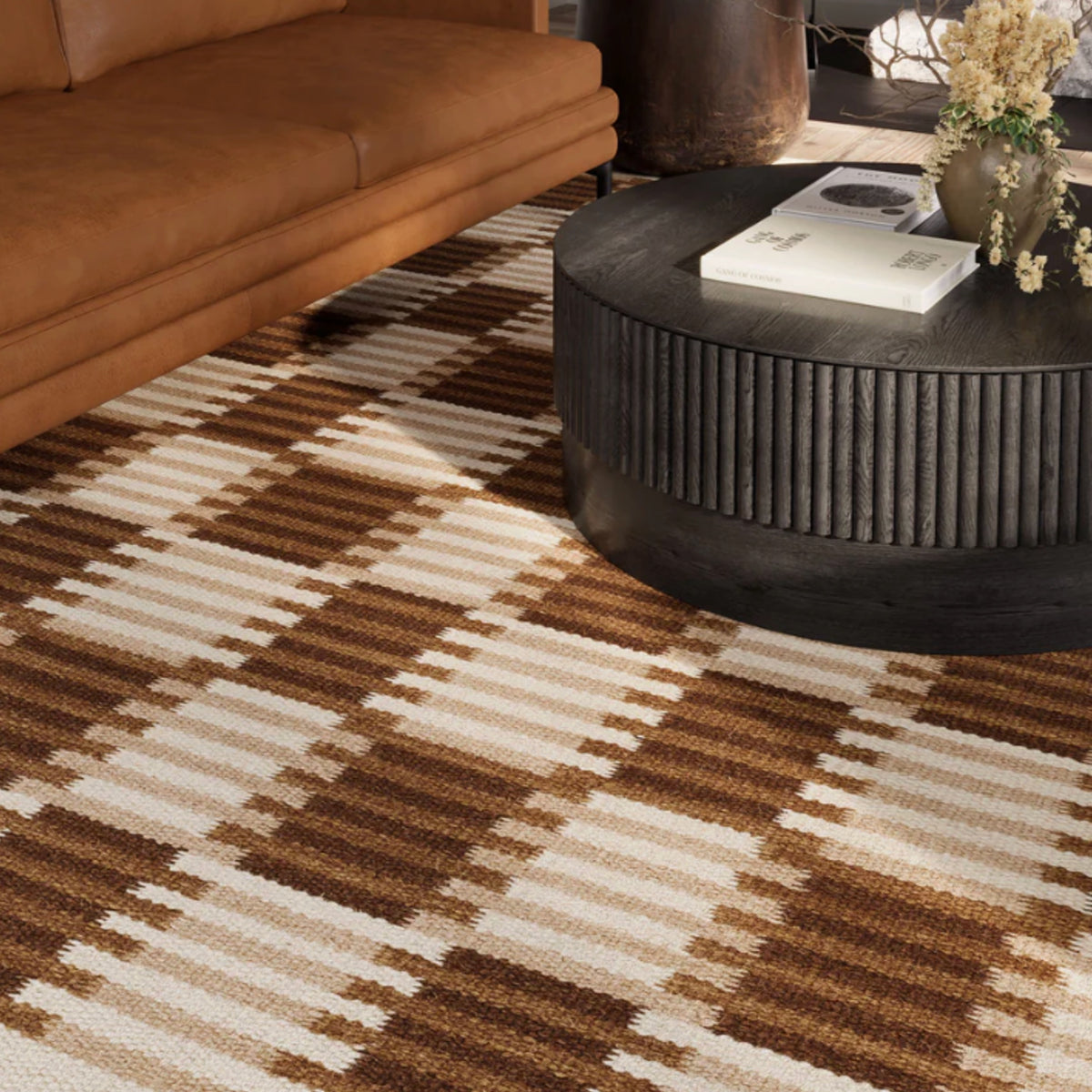 Tapis moderne géométrique pour salon, design scandinave, olive, rouille et rose