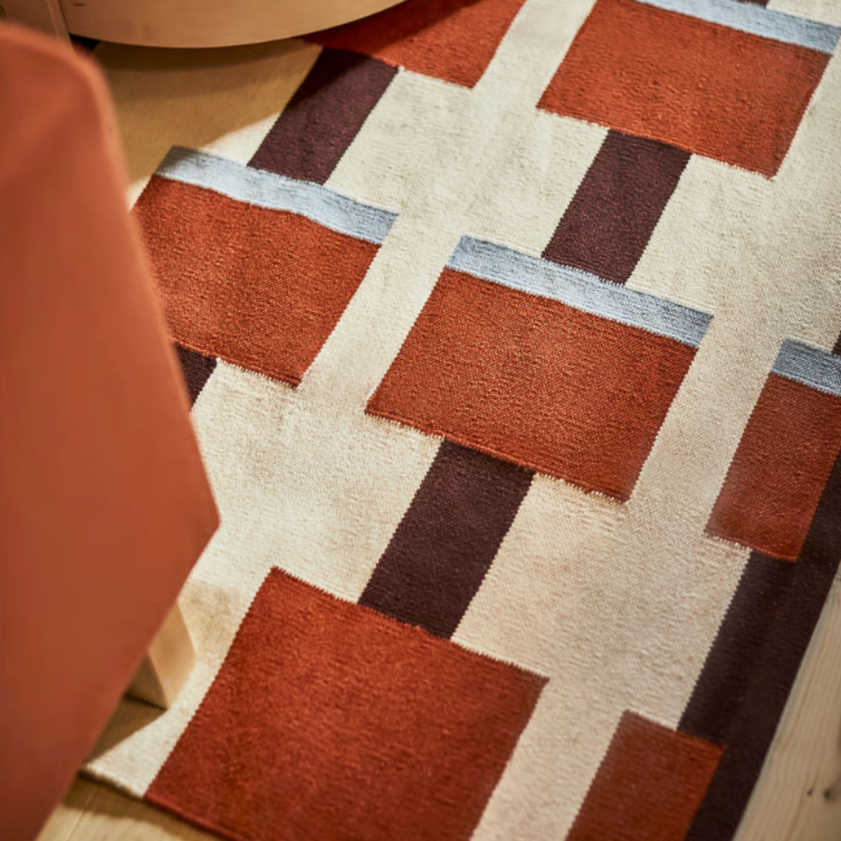 Scandinavian Design Handwoven Cream Brown Blue Modern Geometric Flat weave Rug
