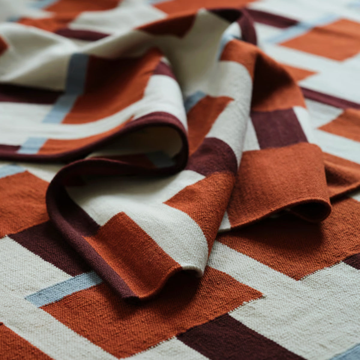 Scandinavian Design Handwoven Cream Brown Blue Modern Geometric Flat weave Rug