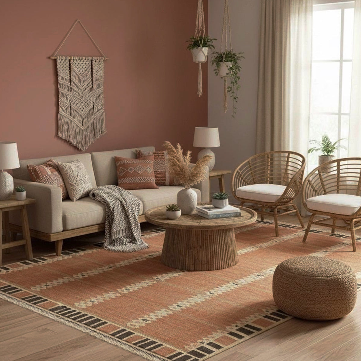 Tapis scandinave tissé à la main en laine à motifs géométriques - Tissage plat nordique terracotta et noir, dimensions sur mesure