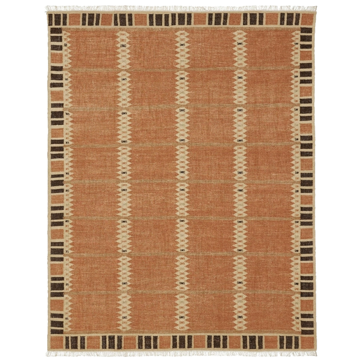 Tapis scandinave tissé à la main en laine à motifs géométriques - Tissage plat nordique terracotta et noir, dimensions sur mesure