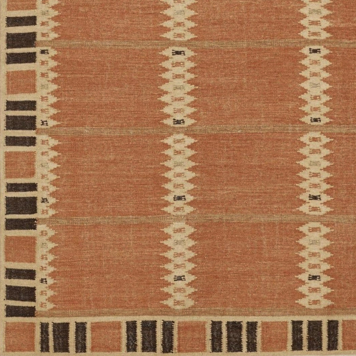 Tapis scandinave tissé à la main en laine à motifs géométriques - Tissage plat nordique terracotta et noir, dimensions sur mesure