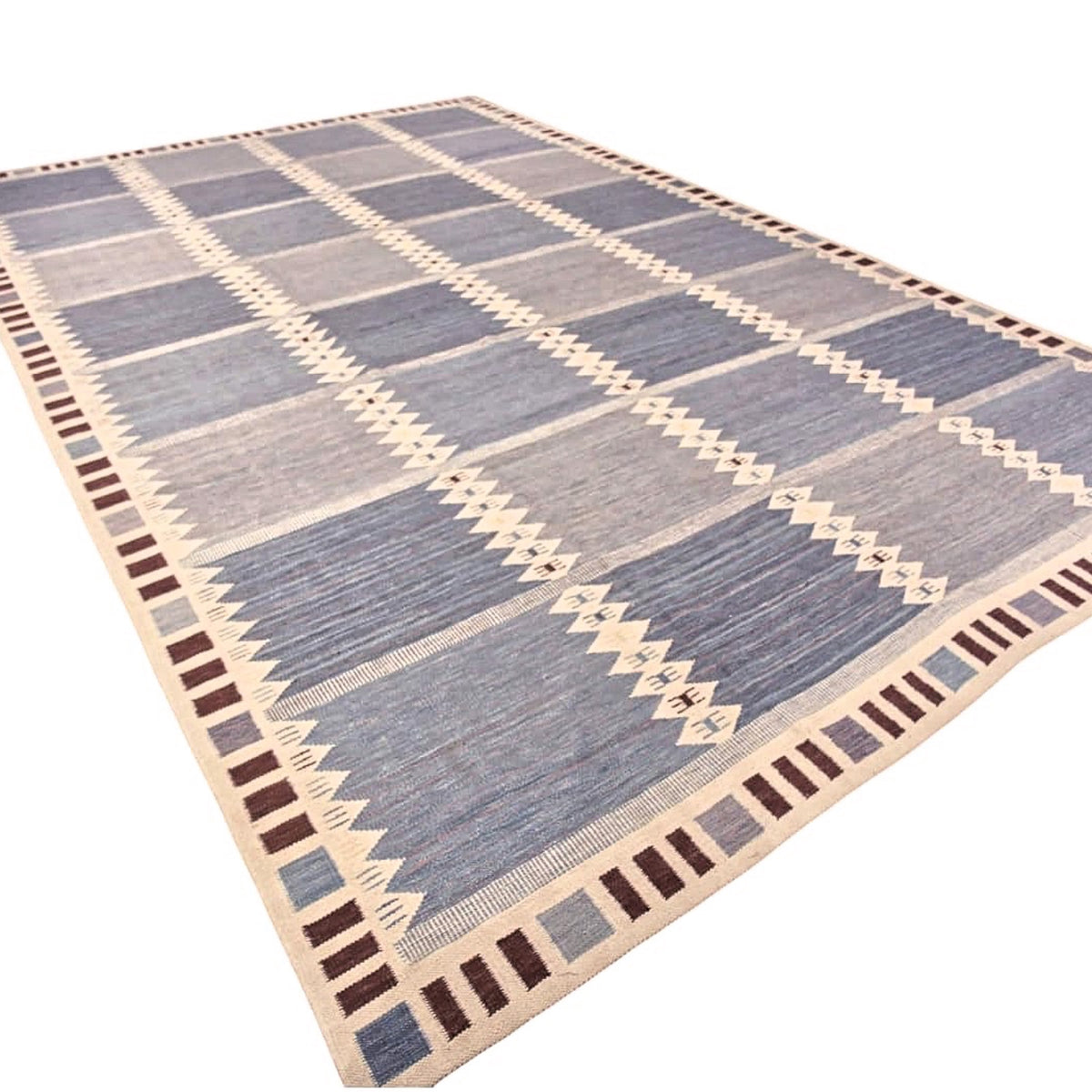 Scandinavian Wool Light Blue Beige Geometric Flatweave Area Rug. Custom sizes available.