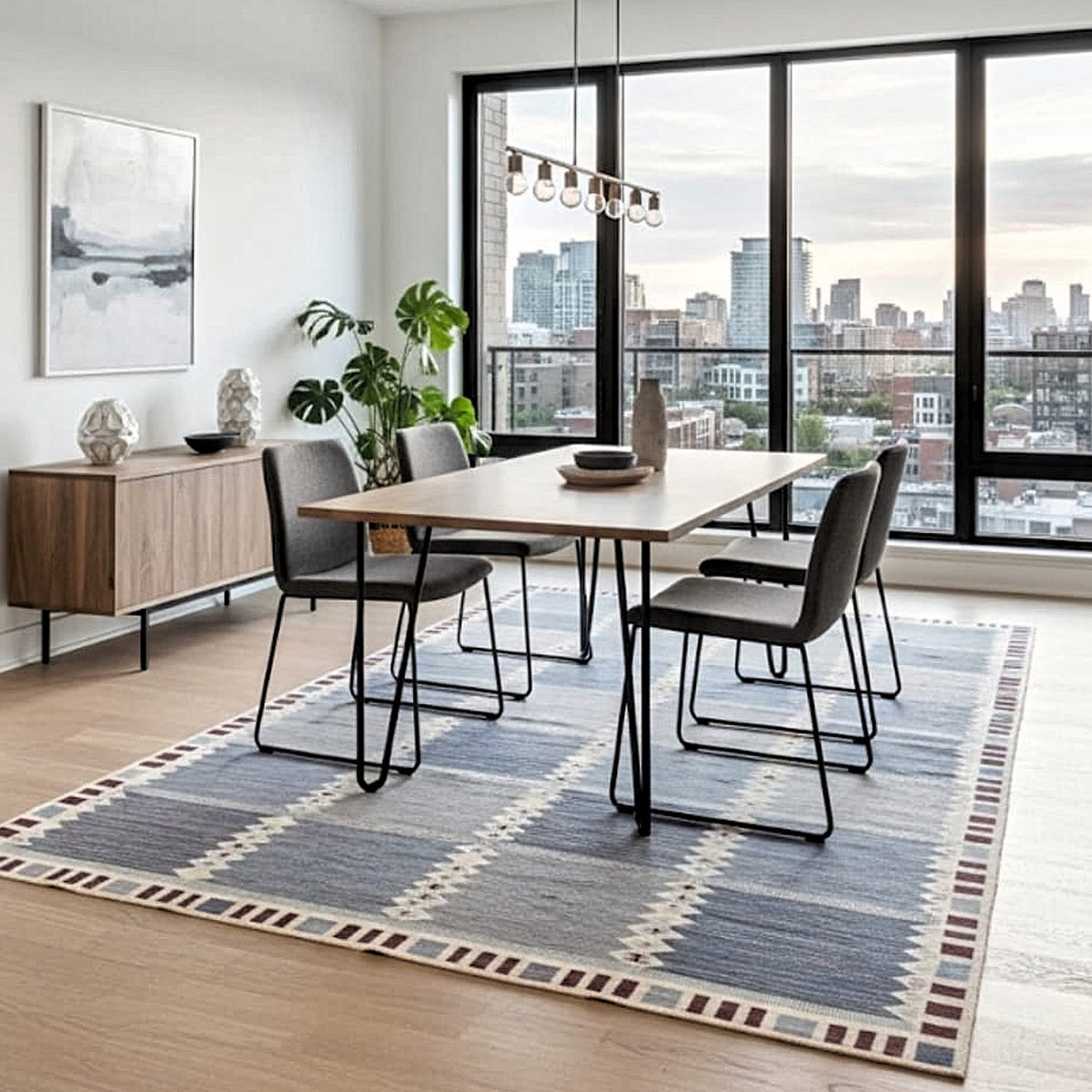 Scandinavian Wool Light Blue Beige Geometric Flatweave Area Rug. Custom sizes available.