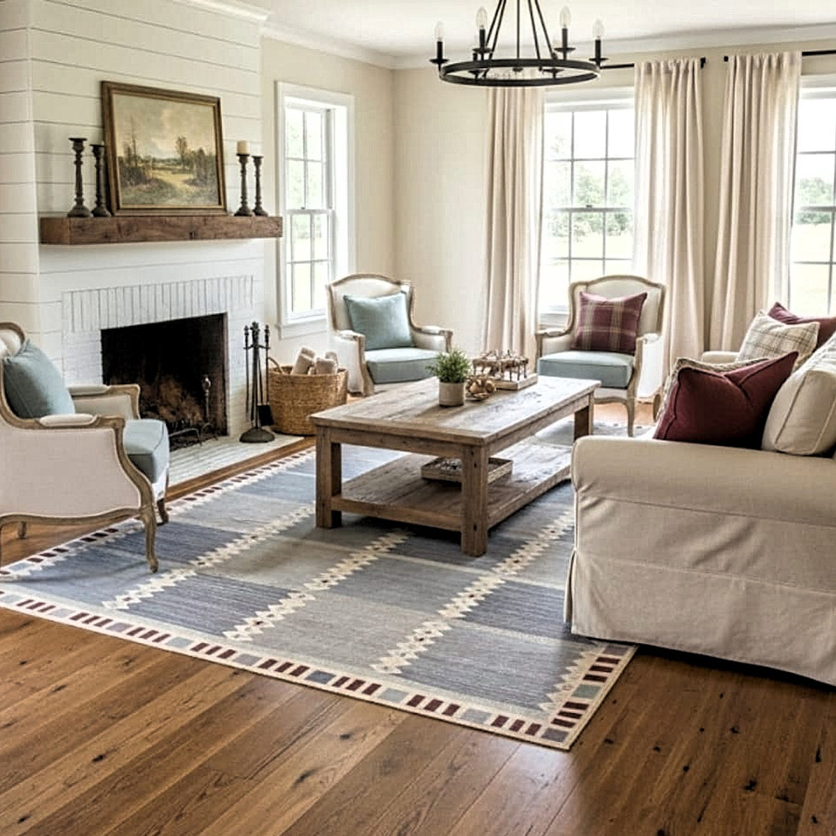 Light Blue Grey Beige Handwoven Wool Area Rug