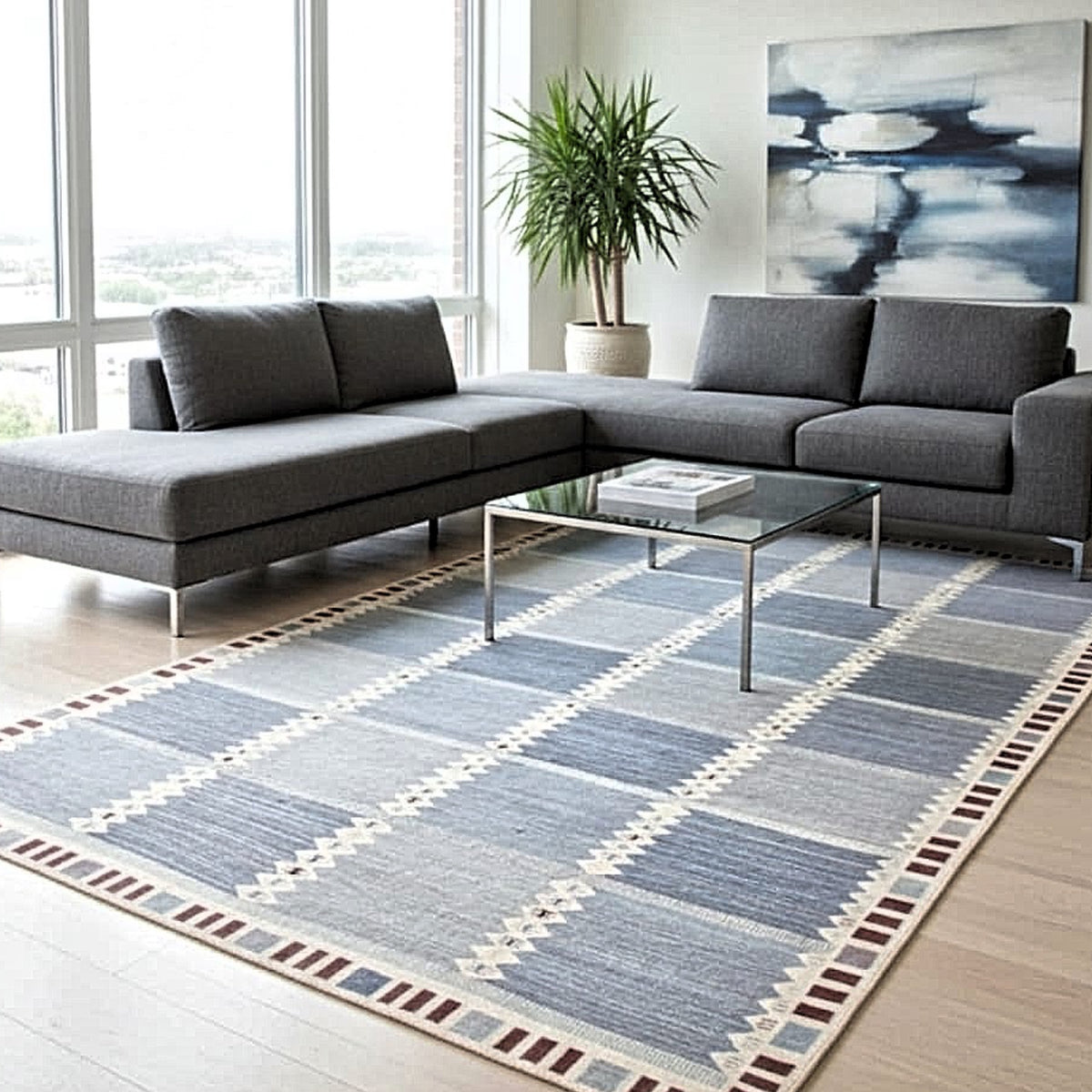 Scandinavian Wool Light Blue Beige Geometric Flatweave Area Rug. Custom sizes available.
