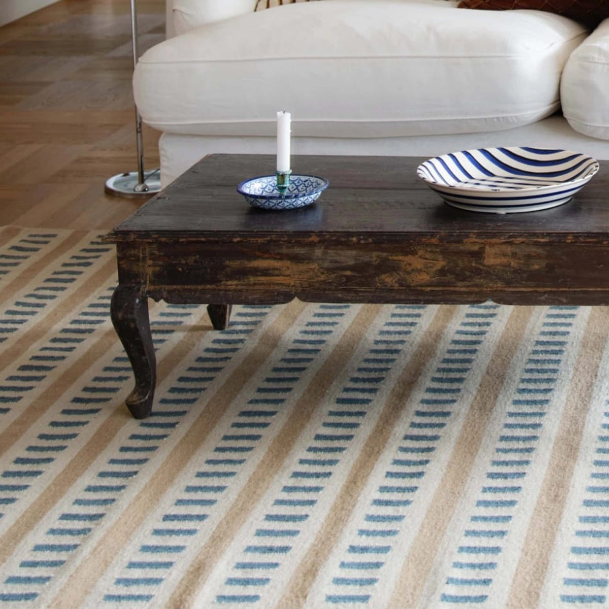 Teal Beige Cream Handwoven Wool Rug