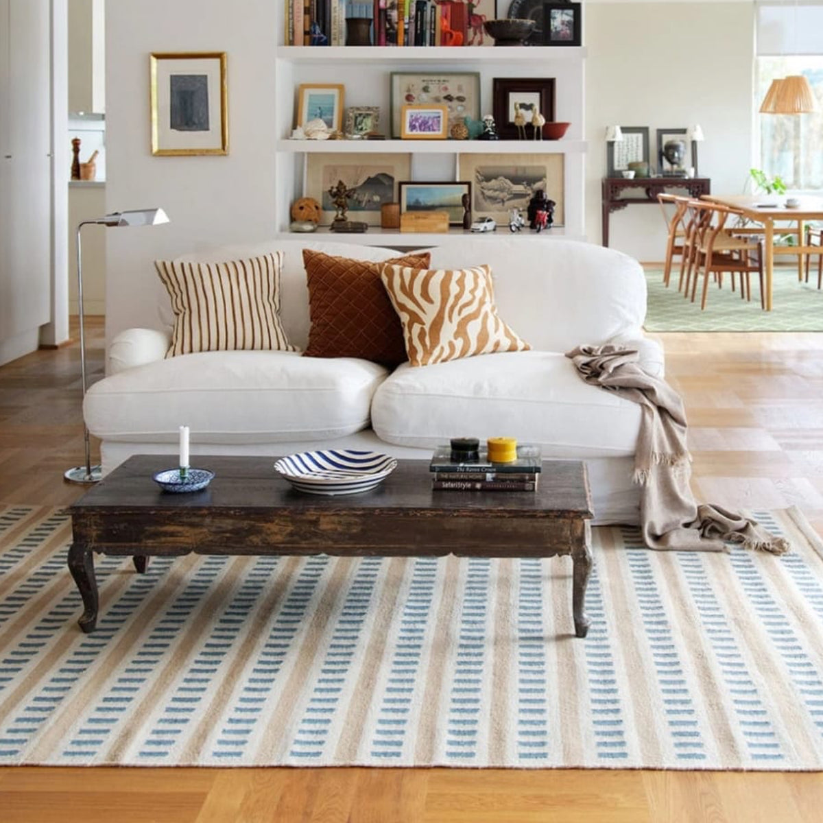 Teal Beige Cream Handwoven Wool Rug