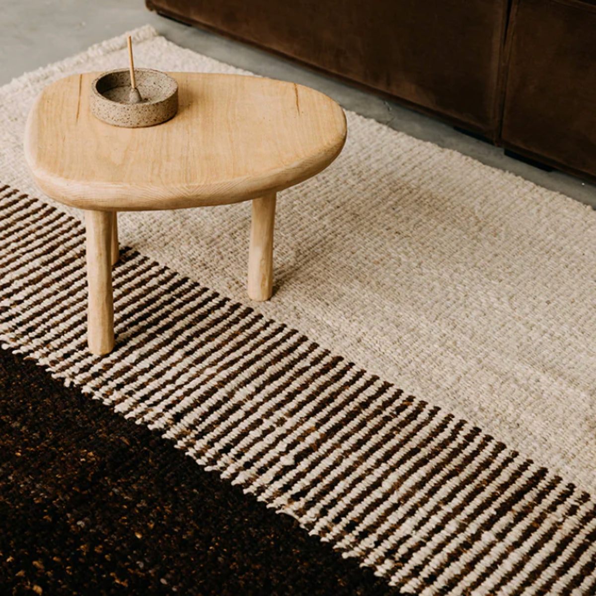 Bespoke Cream and Brown Handspun Wool Minimalist Design Flat Weave Area Rug. Cutom Sizes