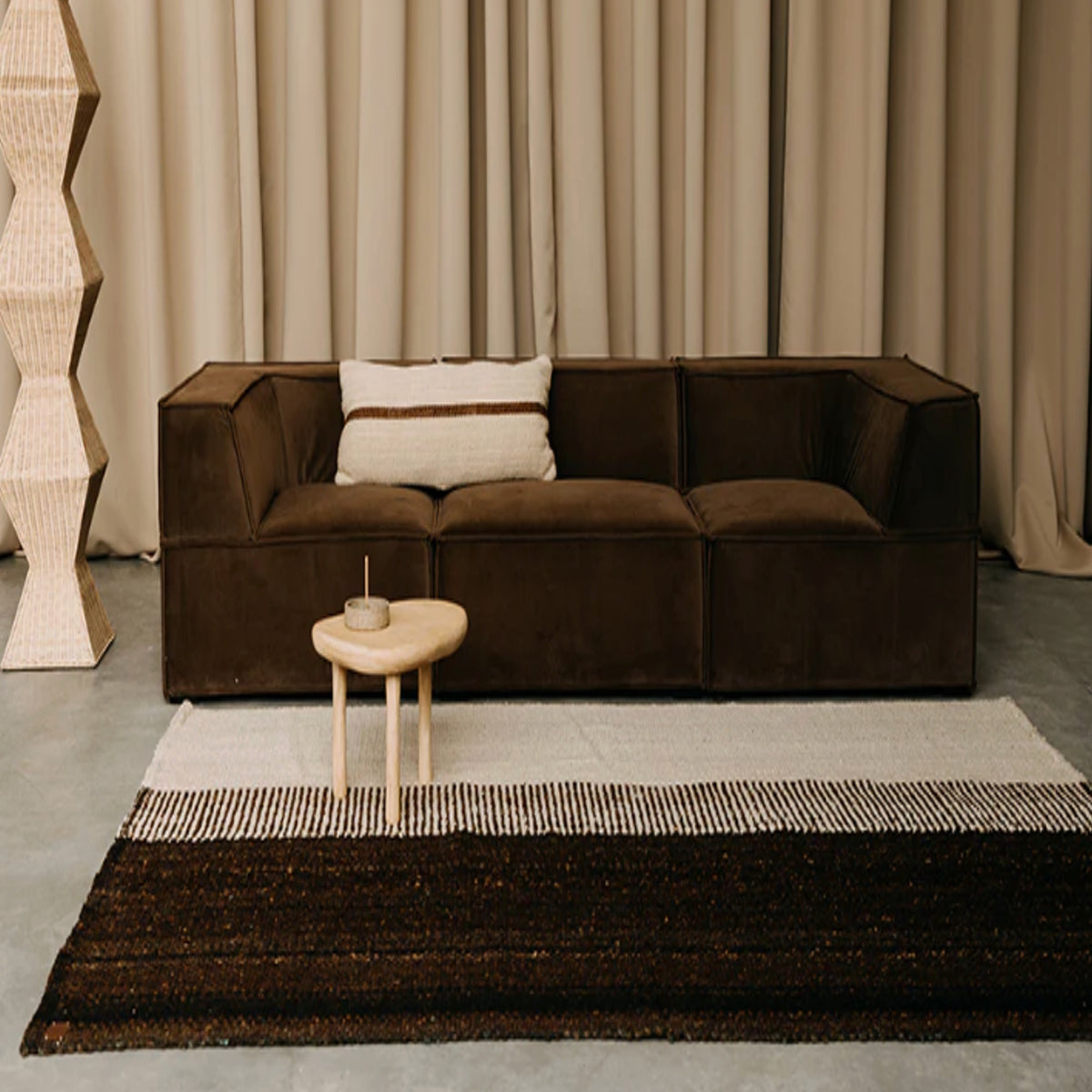 Bespoke Cream and Brown Handspun Wool Minimalist Design Flat Weave Area Rug. Cutom Sizes