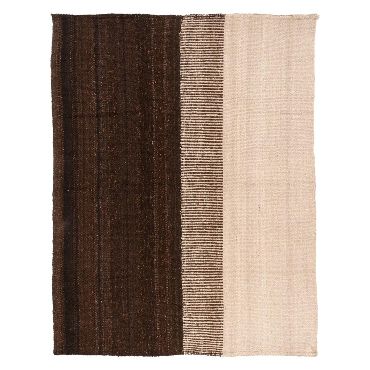 Bespoke Cream and Brown Handspun Wool Minimalist Design Flat Weave Area Rug. Cutom Sizes