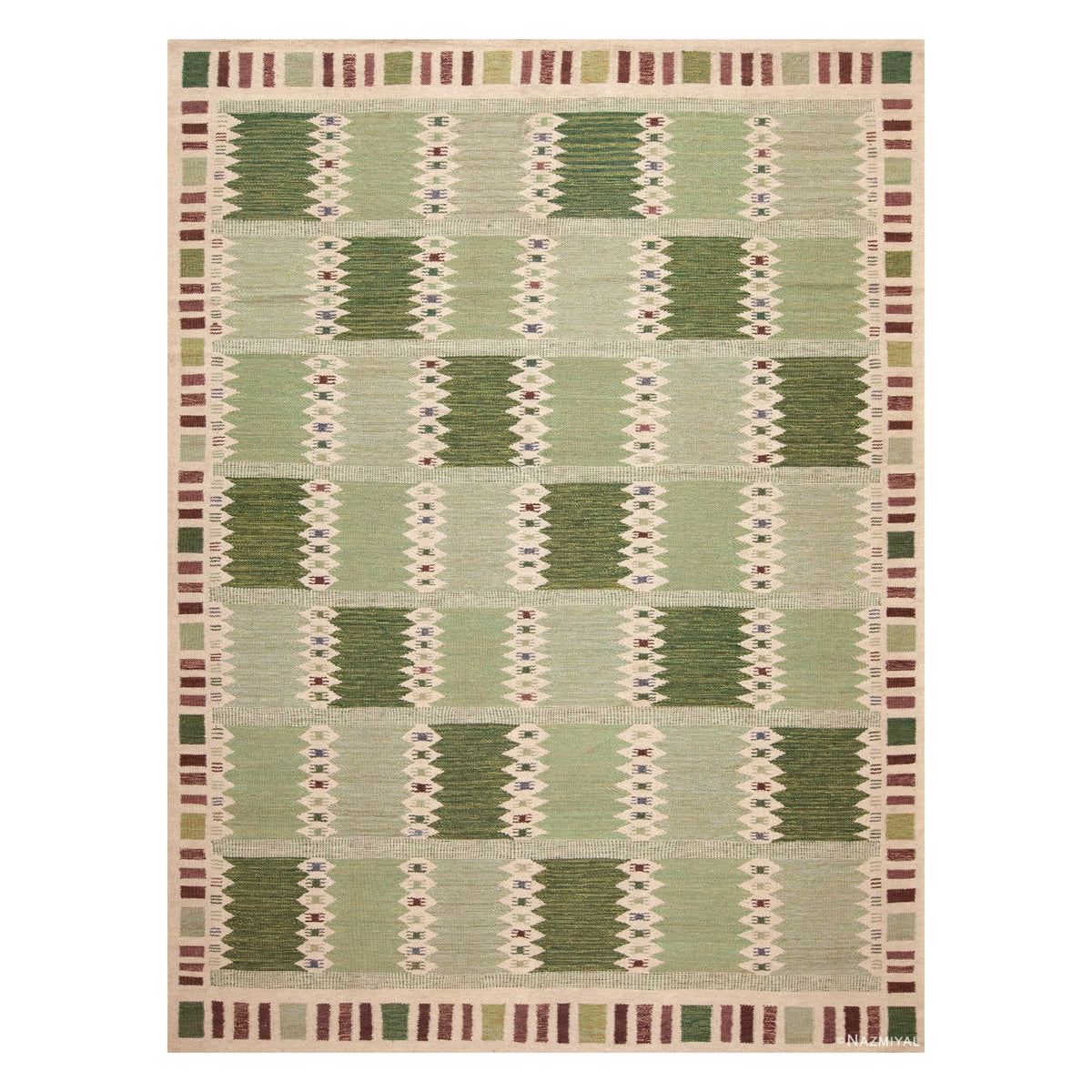 Handmade Scandinavian Design Geometric Grid Pattern Green & Beige Flatweave Area Rug