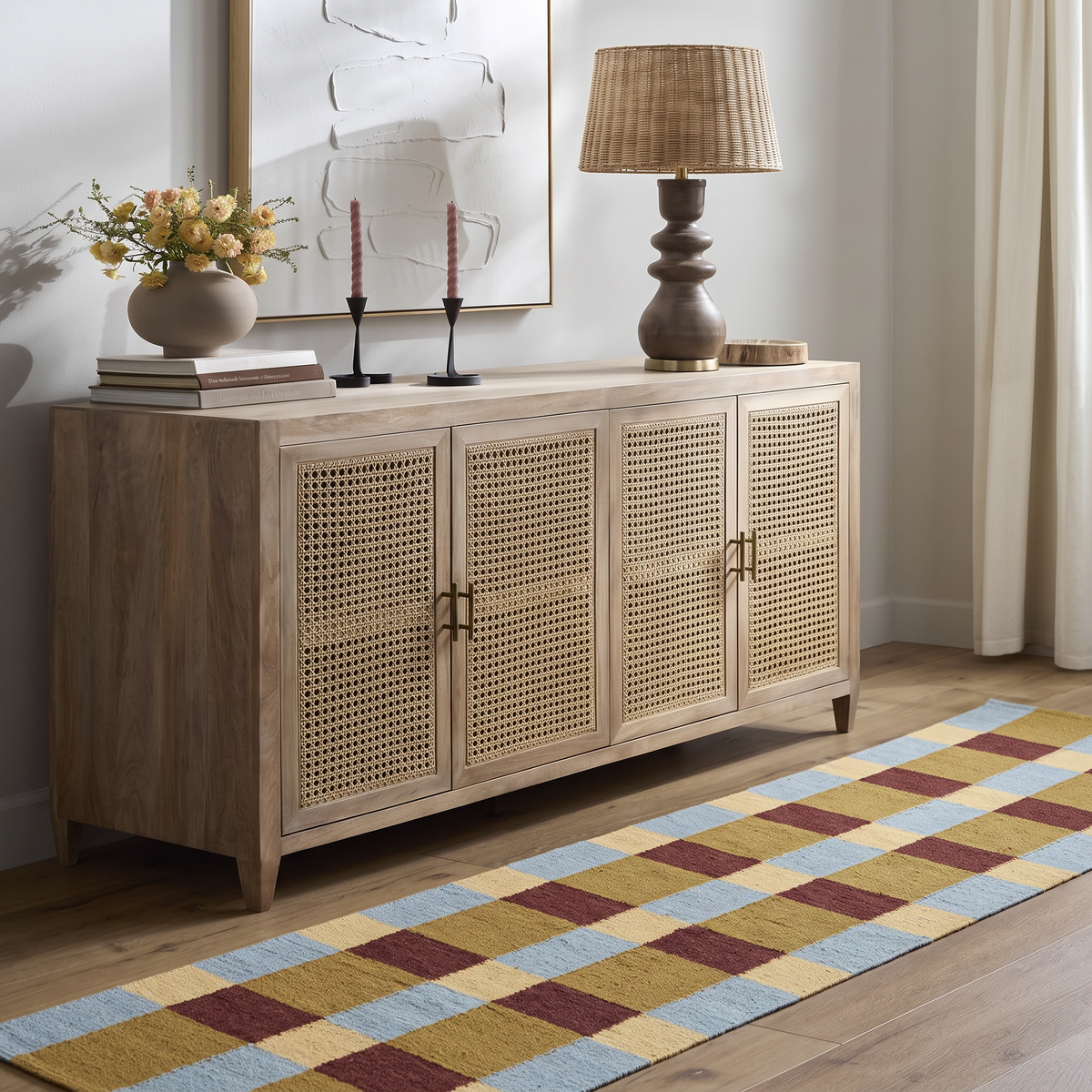 Tapis moderne géométrique pour salon, design scandinave, olive, rouille et rose