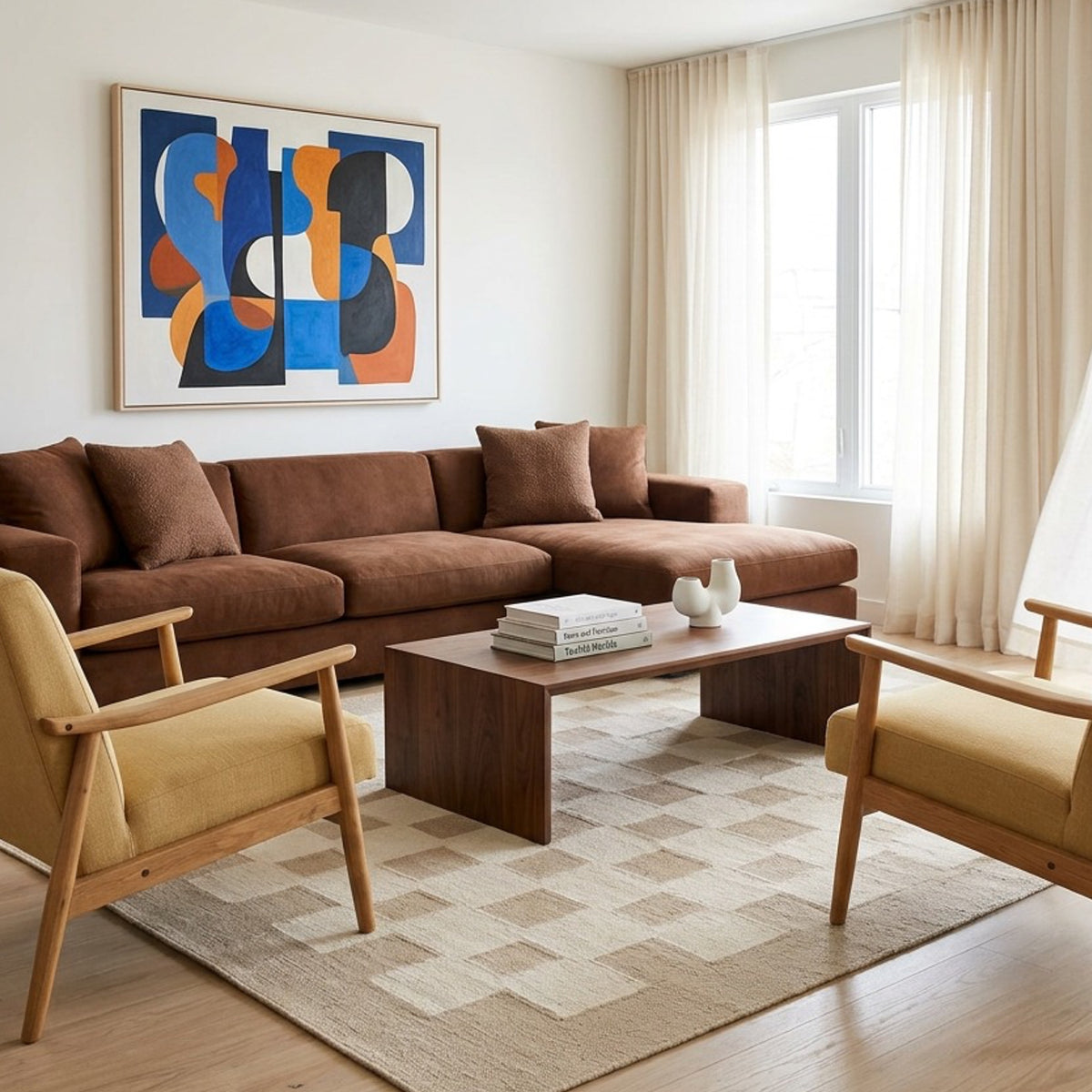 Handwoven Beige Ivory: Bauhaus Plaid Scandinavian Modern Minimalist Design