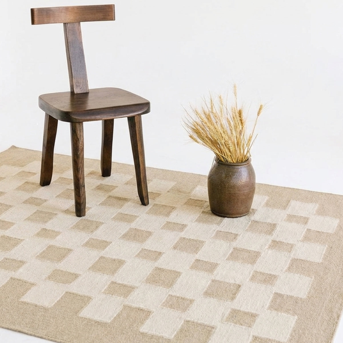 Handwoven Beige Ivory: Bauhaus Plaid Scandinavian Modern Minimalist Design