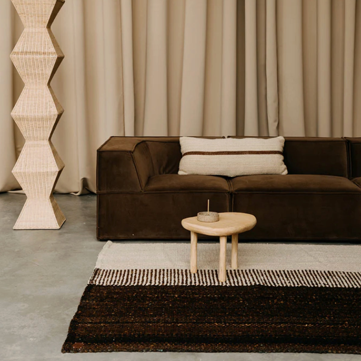 Bespoke Cream and Brown Handspun Wool Minimalist Design Flat Weave Area Rug. Cutom Sizes